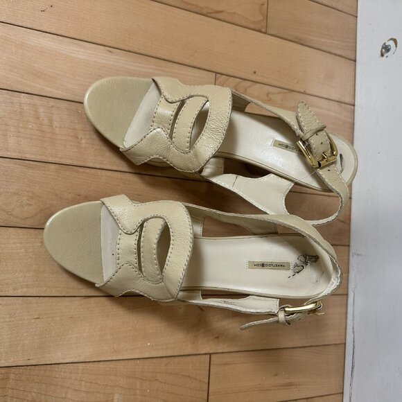 MAX STUDIO Cream Nude Platform Wood Heels Sandals Size 8.5 - Picture 3 of 14